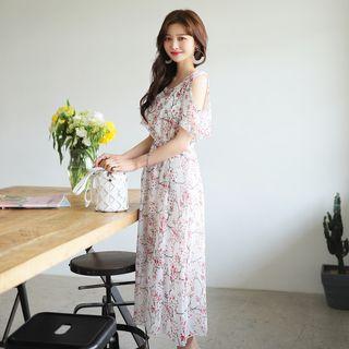 Cutaway-shoulder Floral Print Dress