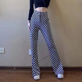 Checkered Slit Hem Boot-cut Pants