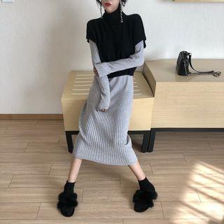 Plain Long-sleeve Slim-fit Knit Dress / Plain Short-sleeve Top