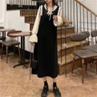 Long-sleeve Mock Two-piece Ruffle Trim Tie-neck Midi Dress