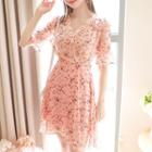 Wrap-front Shirred Floral Chiffon Dress