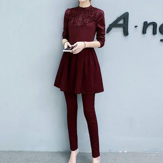 Set: Long-sleeve A-line Dress + Straight-cut Pants