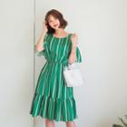 Cutaway-shoulder Gathered Stripe Dress