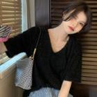 Short-sleeve V-neck Fluffy Top