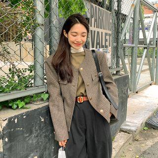 Button-up Woolen Plaid Jacket Khaki - One Size