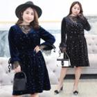 Long-sleeve Star Embroidered Lace Panel A-line Dress