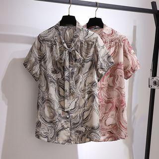 Short Sleeve Tie-neck Tie-dye Shirt