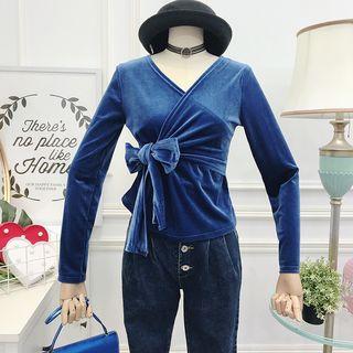 Long-sleeve Velvet Tie-waist Top