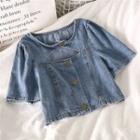 Cutout Short-sleeve Denim Top As Figure - One Size