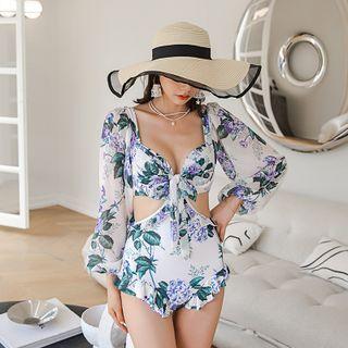 Long-sleeve Floral Print Cutout Swimsuit