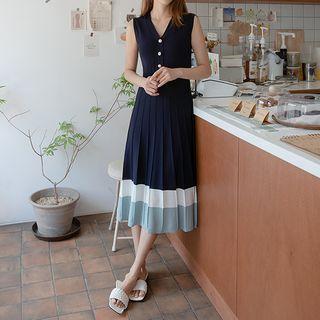 Sleeveless Piped Long Rib-knit Dress Navy Blue - One Size