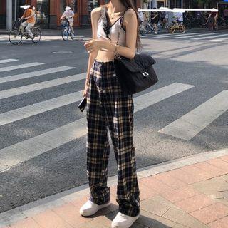 Off-shoulder Drawstring Long-sleeve T-shirt / Plaid Straight-fit Pants