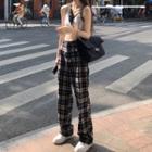 Off-shoulder Drawstring Long-sleeve T-shirt / Plaid Straight-fit Pants