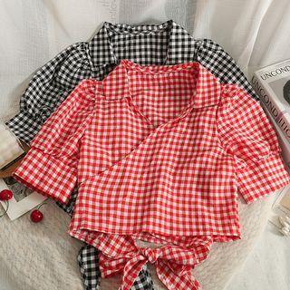 Checkerboard Ribbon-back Wrapped Crop Shirt