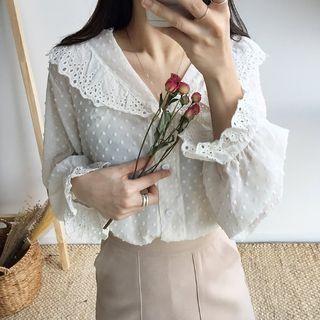 Eyelet-lace-trim Textured Blouse Ivory - One Size
