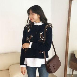 Single-breasted Long-sleeved Floral Print Tie-waist Crewneck Sweater Sheath Denim Slim