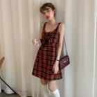 Plaid Tie-front Spaghetti Strap Mini A-line Dress As Shown In Figure - One Size