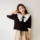 Lace-collar Tie-front Cardigan Black - One Size