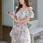 Short-sleeve Off-shoulder Floral Print Midi Dress
