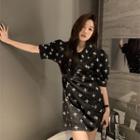 Short-sleeve Printed A-line Denim Dress