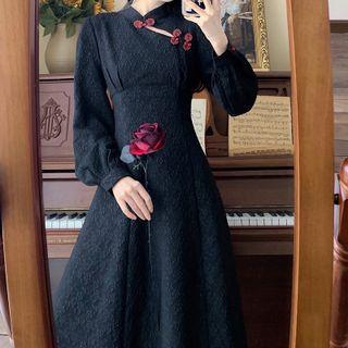 Long-sleeve Frog Button Cutout Midi A-line Dress