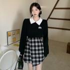 Bow-accent Collared Sweatshirt / Pleated Mini Pencil Skirt