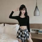 Long-sleeve Cropped T-shirt / Plaid Layered Mini Skirt