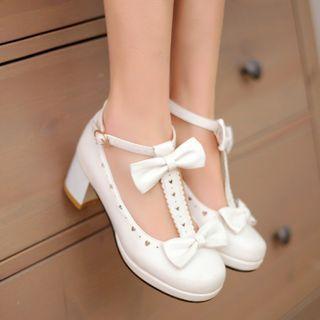Bow T-strap Chunky Heel Pumps