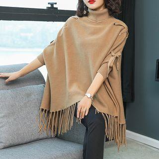 Fringed Turtleneck Knit Poncho