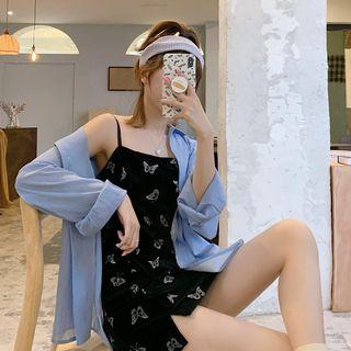 Plain Long-sleeve Loose-fit Shirt / Butterfly Printed Sleeveless Dress