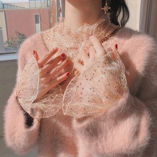 Flared-cuff Sequined Mesh Top