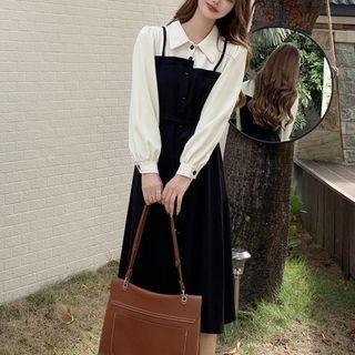 Mock Two-piece Tie-waist Midi Shirt Dress