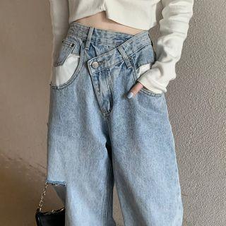 High-waist Shift Wide-cuff Asymmetrical Design Ripped Denim Pants