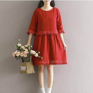 3/4-sleeve Fringe Trim A-line Dress