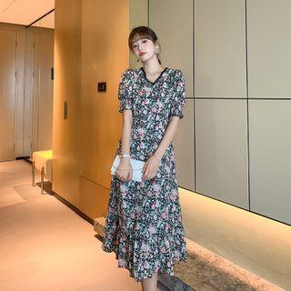 Lace Trim V-neck Puff Sleeve Floral Print A-line Dress