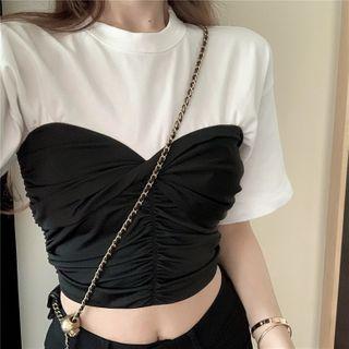 Mock Two-piece Short-sleeve Two-tone T-shirt As Shown In Figure - One Size