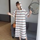 Short-sleeve Hooded Striped Midi T-shirt Dress