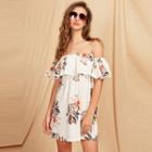 Cap-sleeve Off-shoulder Ruffle Floral A-line Dress
