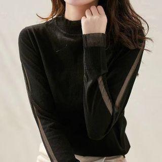 Mock-neck Long-sleeve Mesh Ruffled Trim Panel Knit Top
