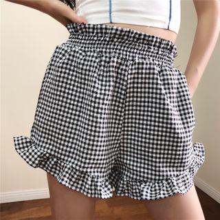 Color-block Plaid Ruffled-trim High-waist Shorts