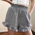 Color-block Plaid Ruffled-trim High-waist Shorts