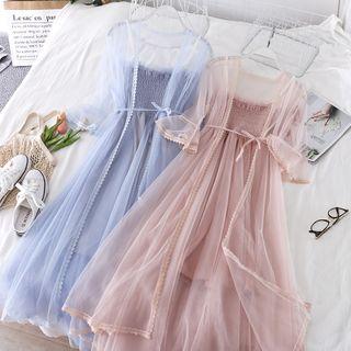 Set: Spaghetti Strap Midi A-line Dress + Open Front Long Light Jacket