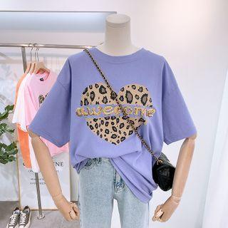 Leopard Print Sequined Lettering Short-sleeve T-shirt