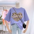 Leopard Print Sequined Lettering Short-sleeve T-shirt