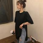 Elbow-sleeve Button Hem Long T-shirt