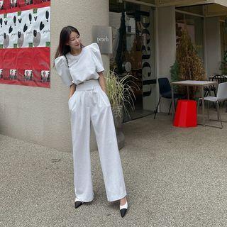 Set: Puff-shoulder Top + Wide-leg Pants