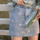 Floral Embroidered Fitted Denim Mini Skirt