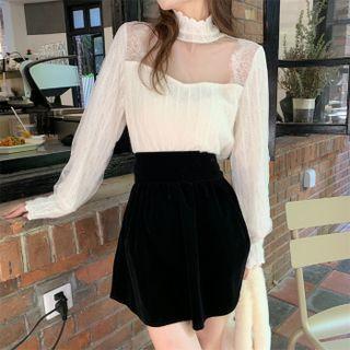Long-sleeve Mesh Panel Top Almond - One Size