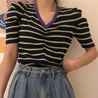 V-neck Puff-sleeve Striped Top As Shown In Figure - One Size