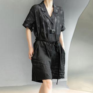 Short Sleeve Print Playsuit With Sash Black - One Size